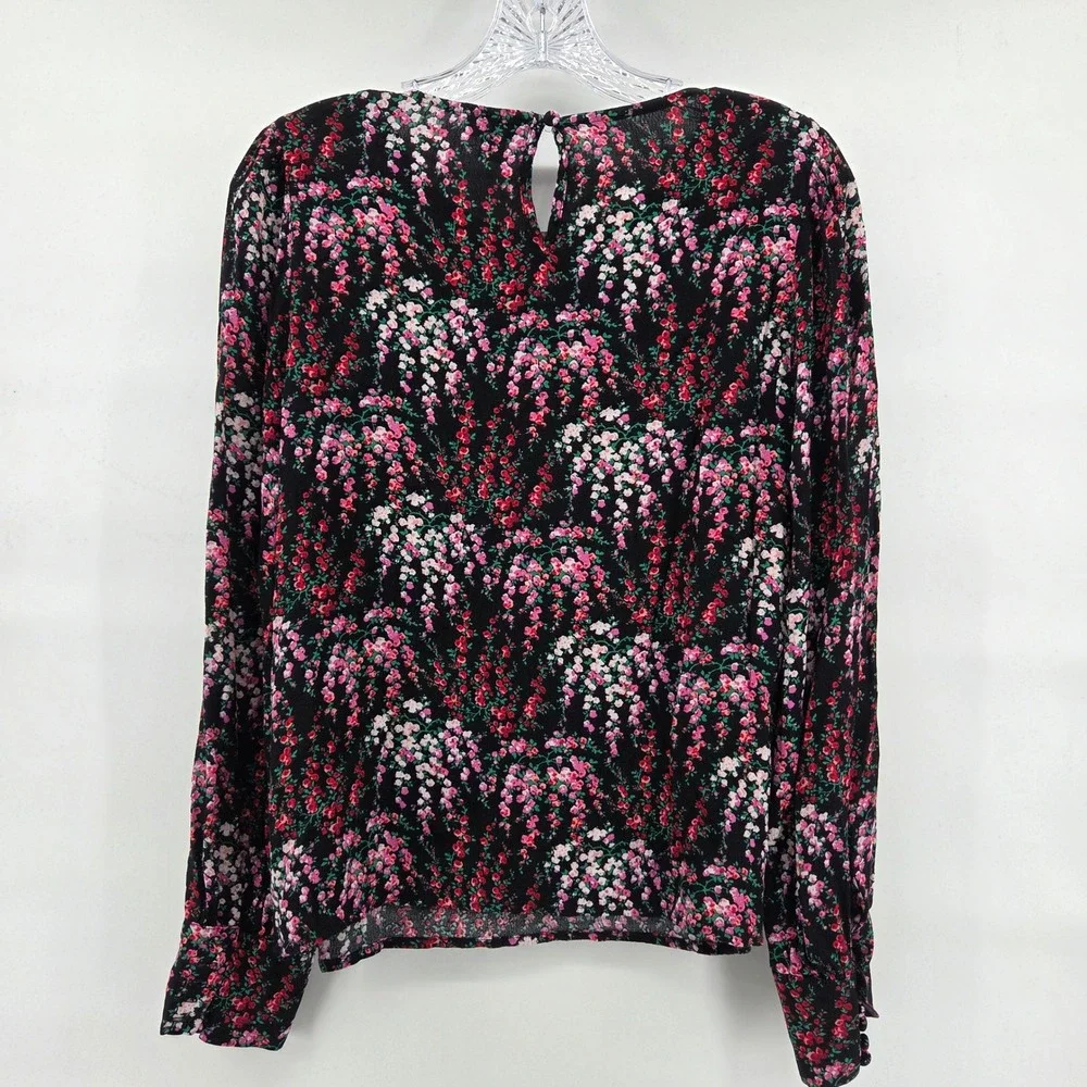 J. Crew‎ Top Medium Black Dark Floral Puff Sleeve Office Work